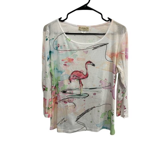 Impulse California Flamingo Print 3/4 Sleeve Top Sz Medium Scoop Neck Beach - Picture 1 of 10